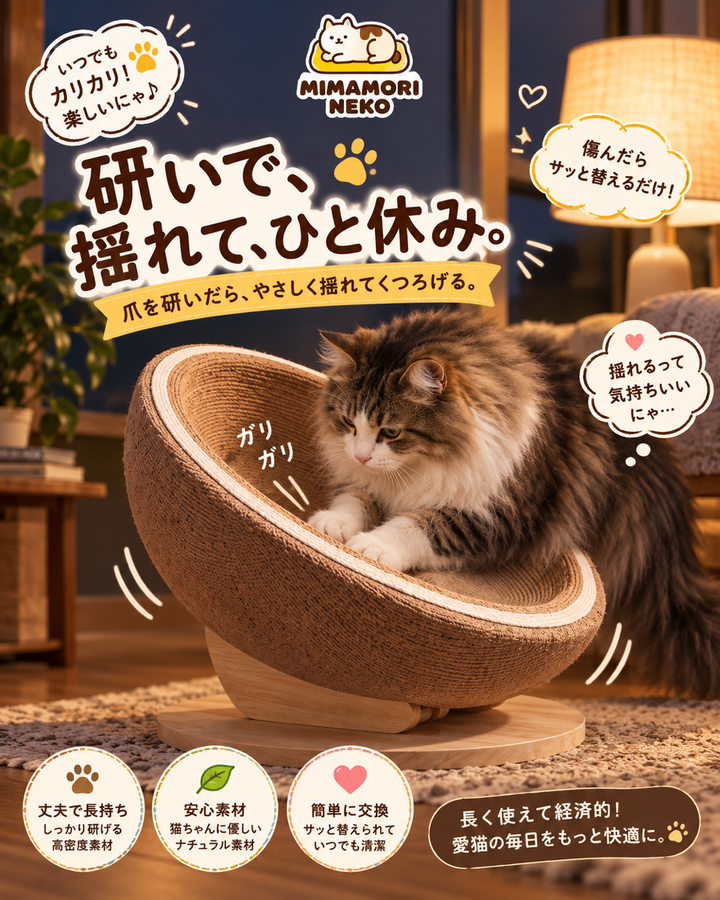 麻ロープ製卵型ロッキング猫用スクラッチャー