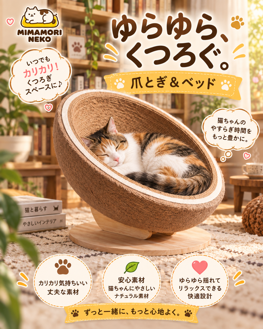 麻ロープ製卵型ロッキング猫用スクラッチャー