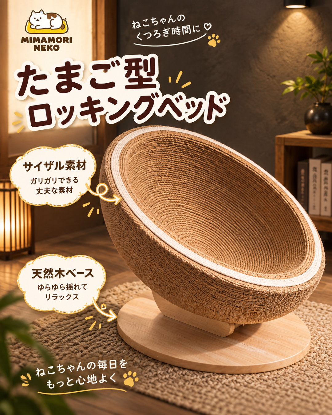 麻ロープ製卵型ロッキング猫用スクラッチャー