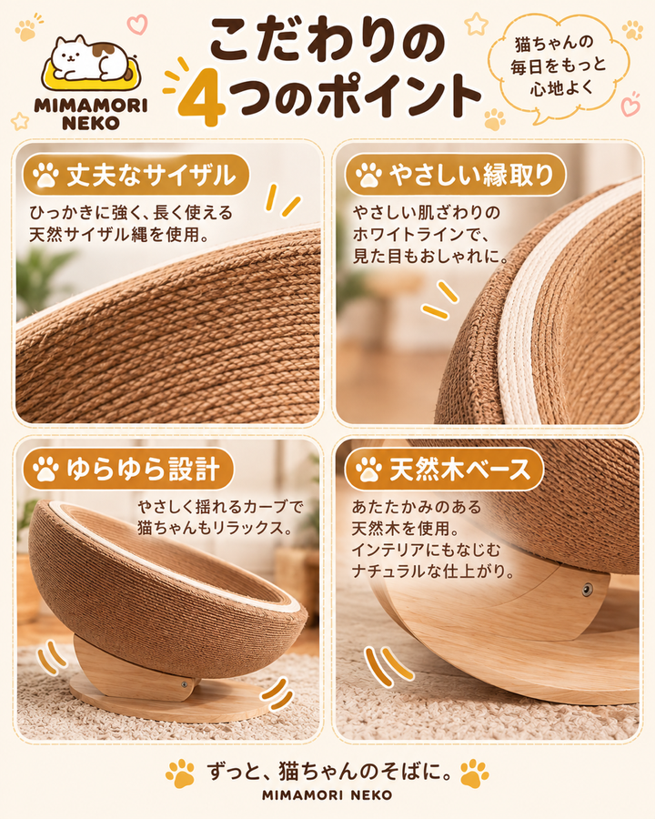 麻ロープ製卵型ロッキング猫用スクラッチャー