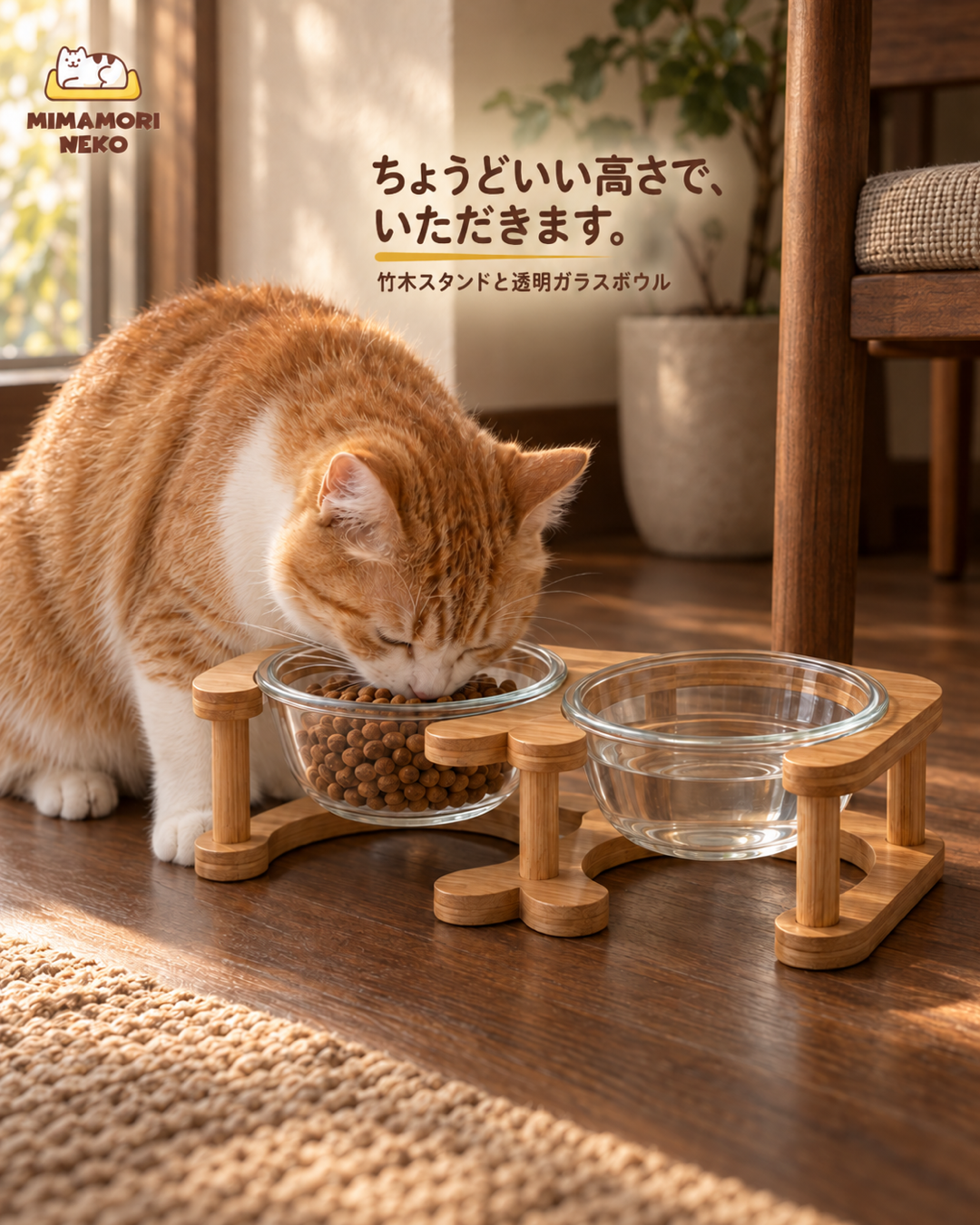 竹製スタンド付 高脚ガラス猫食器
