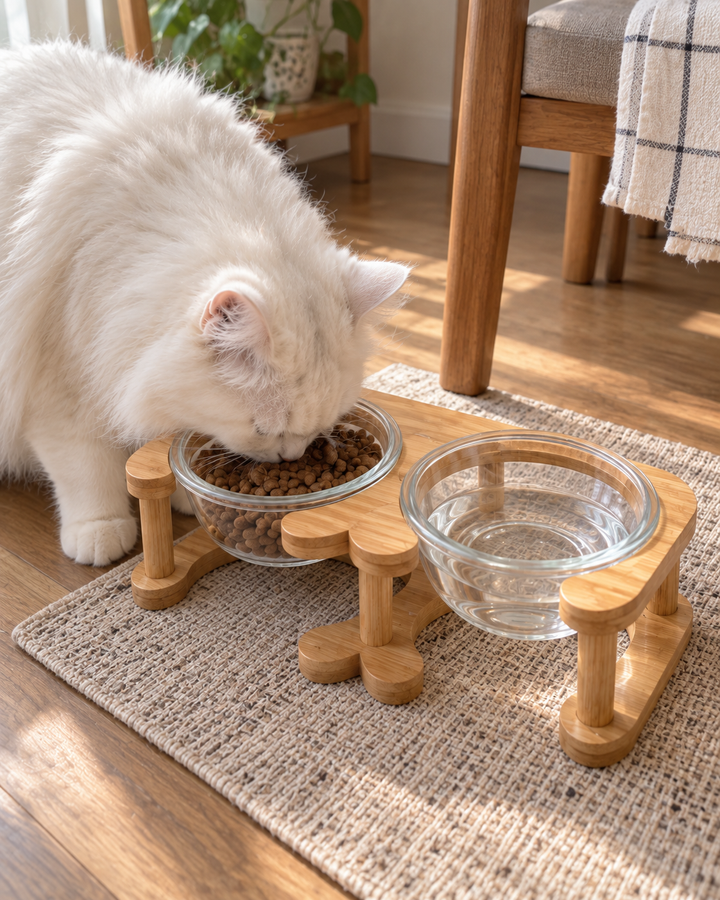 竹製スタンド付 高脚ガラス猫食器