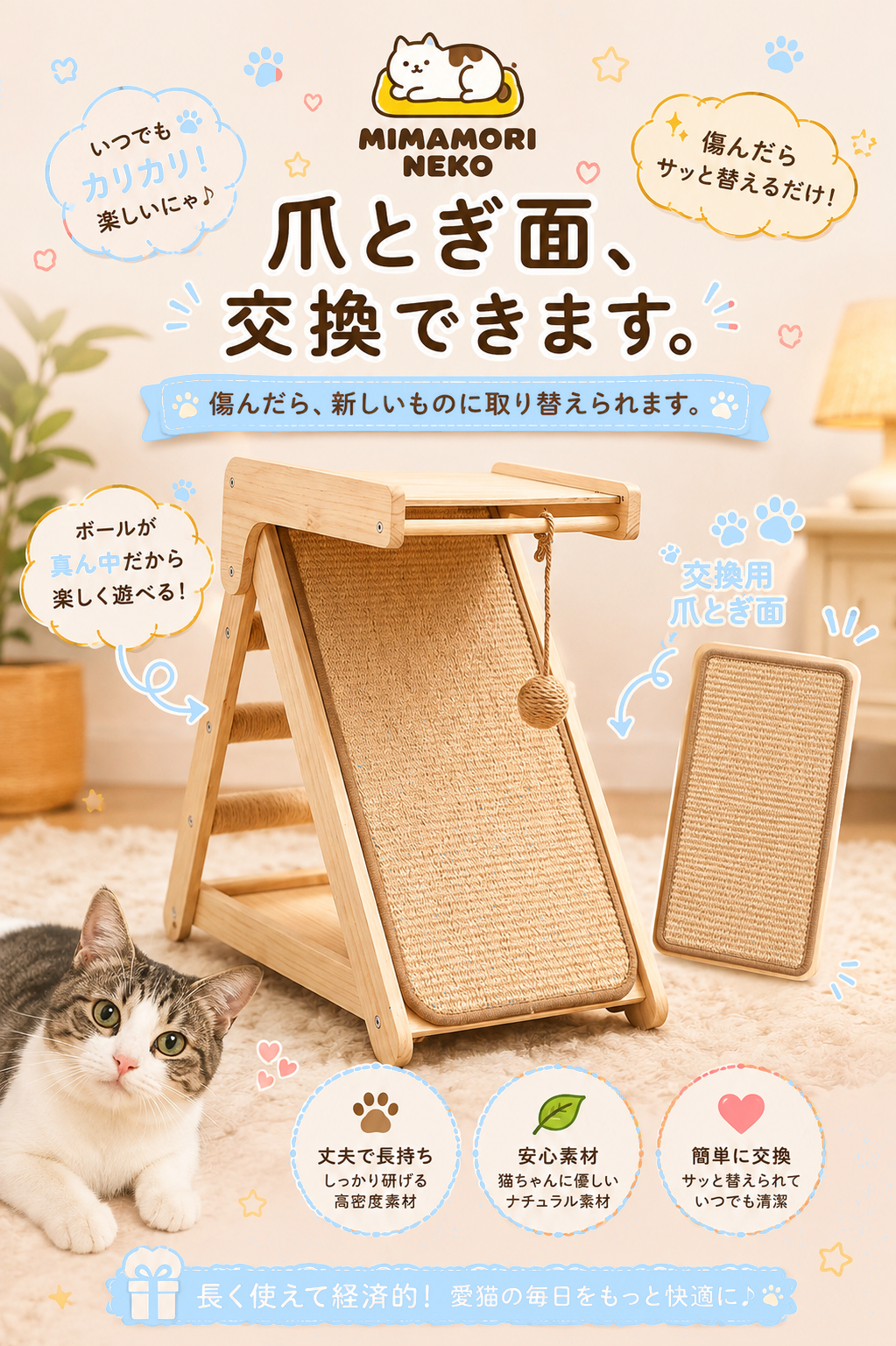 木製キャットタワー 爪とぎ一体型