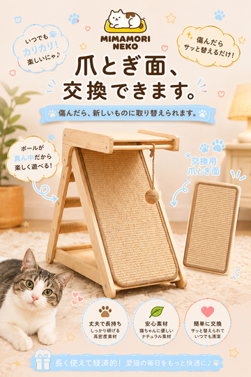 木製キャットタワー 爪とぎ一体型